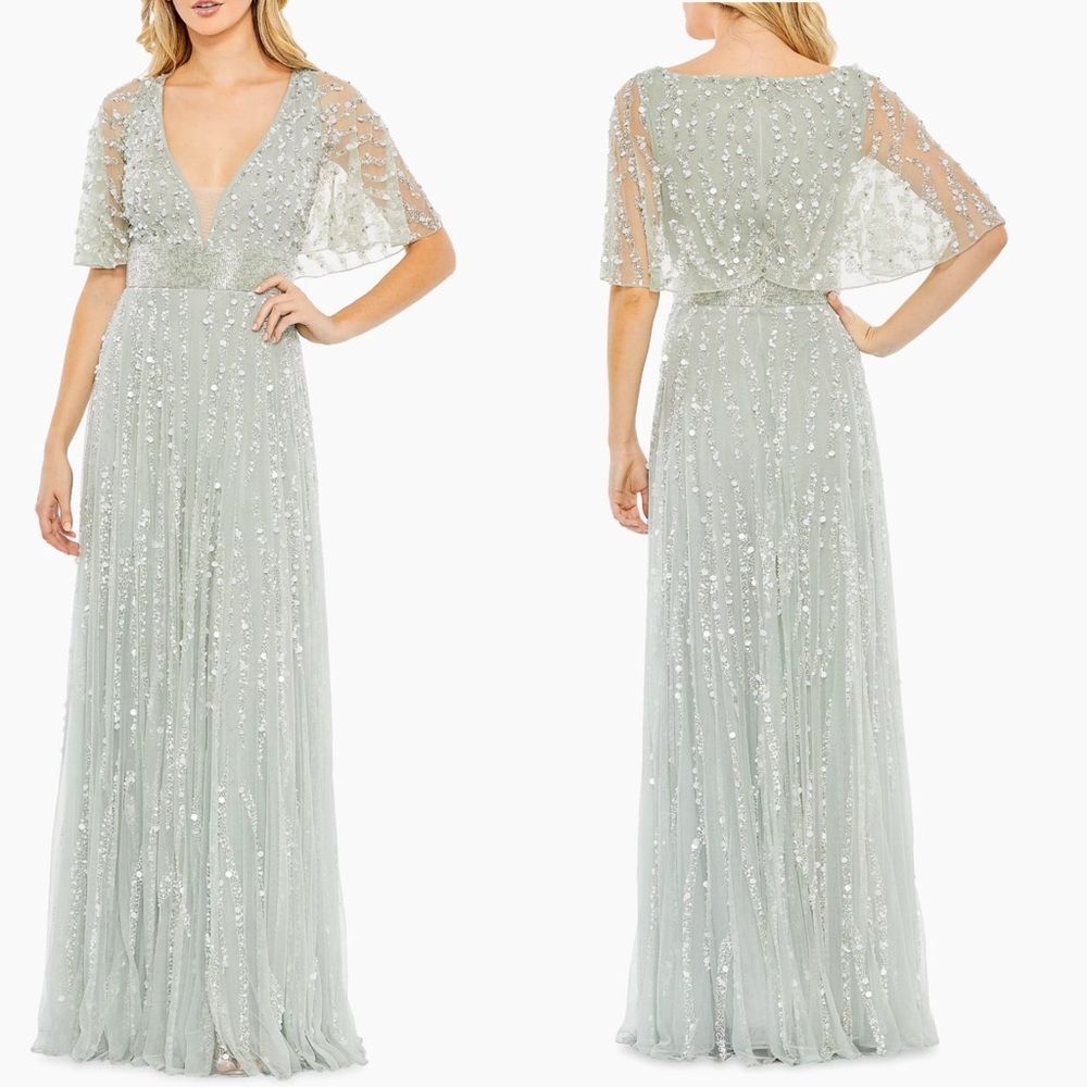 Mac Duggal 93784 Embellished V-Neck Column Ethereal Fairy Gown in Mint, Size 4